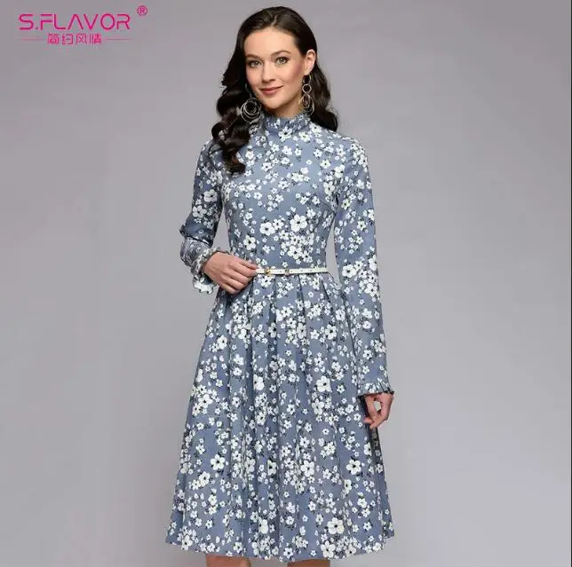 sky blue S. FLAVOR, Ретро стиль, цветочный принт, женское платье, элегантное, длинный рукав, гофрированный воротник, а-силуэт, Vestidos De Festa, женское, весна, осень, платье - Цвет: sky blue