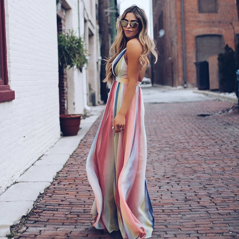 

Halter long chiffon dress Bohemian rainbow printed women maxi dress 2018 Fashion sexy v neck club party dresses vestidos mujer