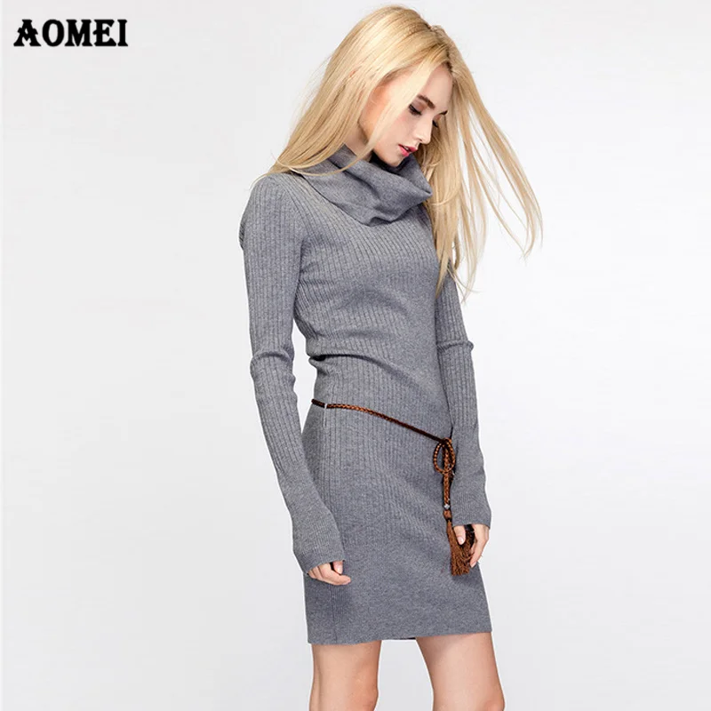Turtle Neck Women Sweater Dress 2019 Long Sleeves Fashion Gray Solid Elegant Knitted Dresses Tight Classy Casual Warm Sweaters | Женская
