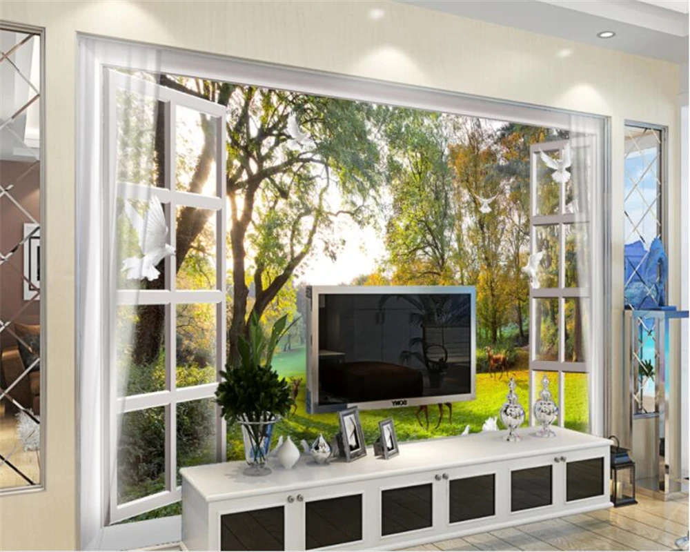 Пользовательские фотообои за окном природный пейзаж деревья олень голубей ТВ