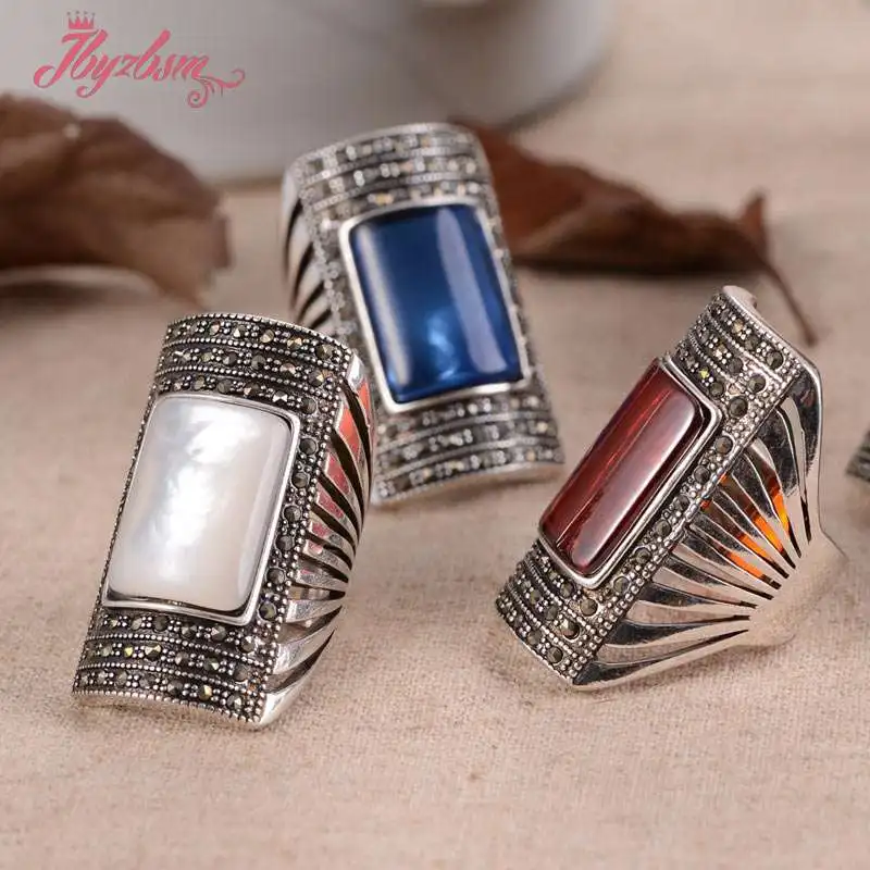 

13x22mm Rectangle:Crystal ,Agat Stone Inlaid Marcastie Tibetan Silver Classical Ring 1 Pc #7-#9,Send Random Size Free Shipping