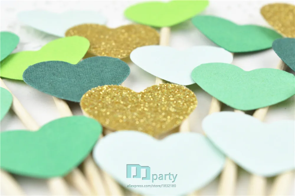 40 шт. блестящие золотые зеленые сердца топперы для кексов свадебная еда