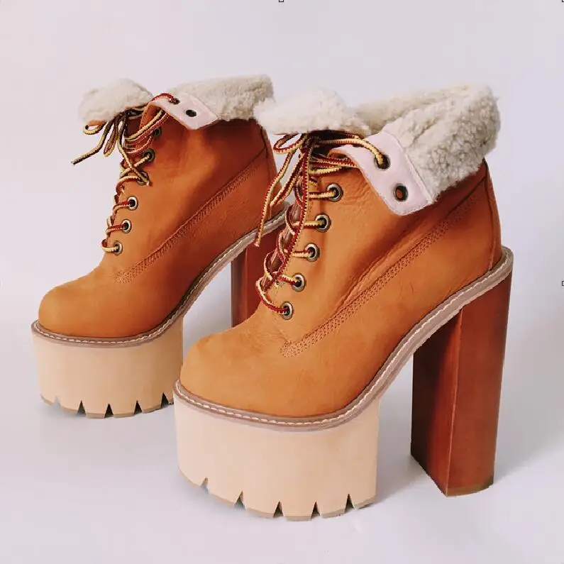 

Hot Rome Fashion Warm Brow Genuine Leather Ankle Shoe Lace-Up Round Toe Shoe Motorcycle Botas Mujer Square heel Women's Boots
