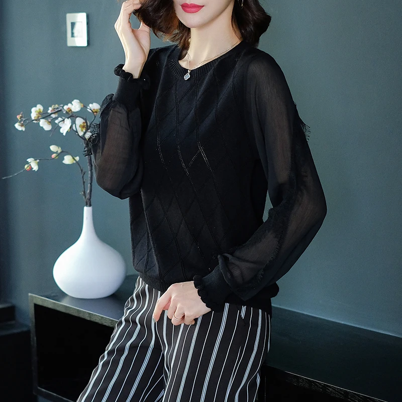 Brand Knit Sweater 2019 Spring Fall Women New Pure Color Panel Lace Lantern Sleeve Casual O-neck Pullover Female | Женская одежда