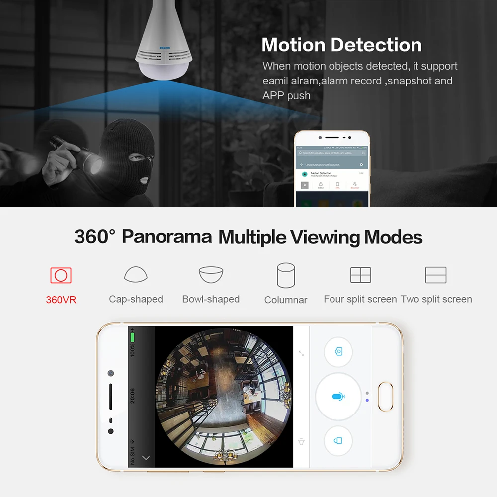 ESCAM QP137 WiFi ip камера 360 градусов панорамный светодиодный лампочка Bluetooth Музыка 2MP