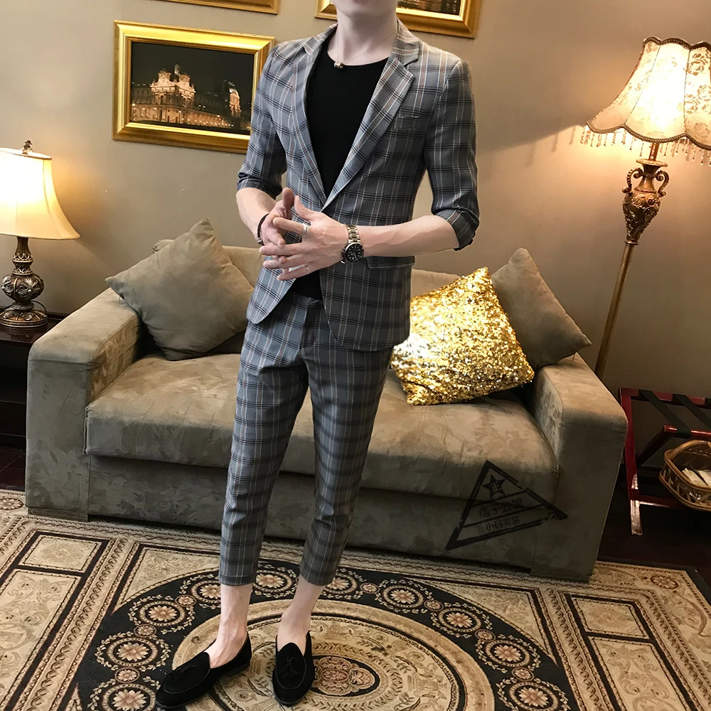 

New Brand Men's Suit Men Slim Fit Plaid Small Suit 3-piece Set Red British Style Short Sleeve Summer Suits(Blazer+T-shirt+Pant)