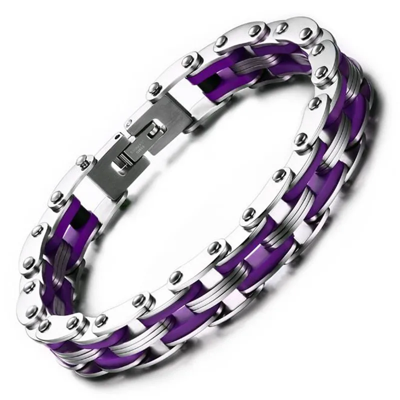 Модный Байкер из нержавеющей стали c радужным силиконовым рок-панк-стиле спорта тенниса запонки крутой персонализированный браслет в виде велосипедной цепи - Окраска металла: Purple