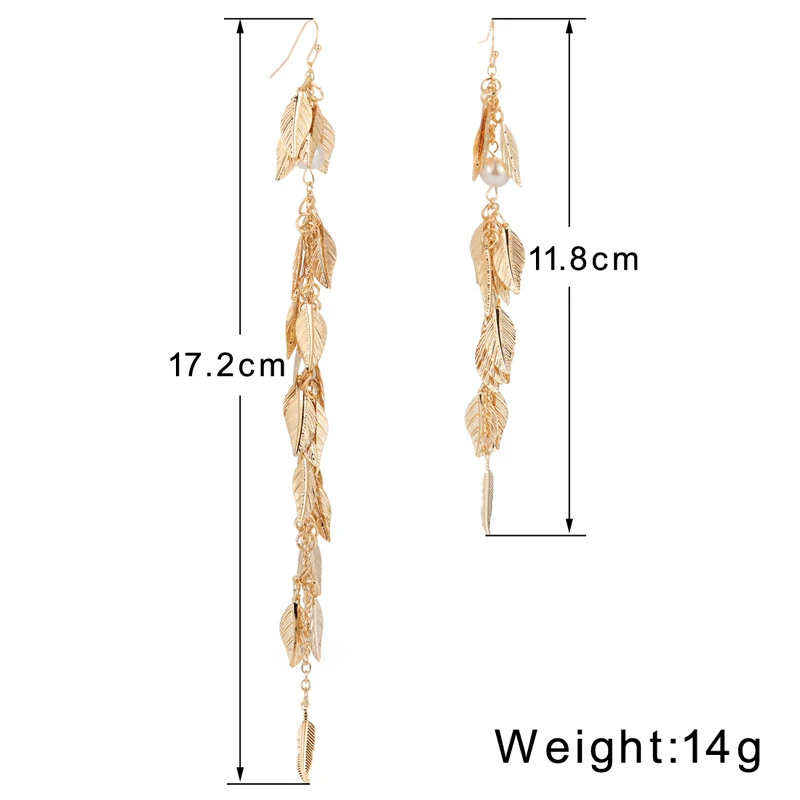 Metal Leaf Tassel Long Drop Earrings For Women Gold Color Maxi Statement Hanging Dangle Asymmetry Earring Wedding Party Jewelry | Украшения