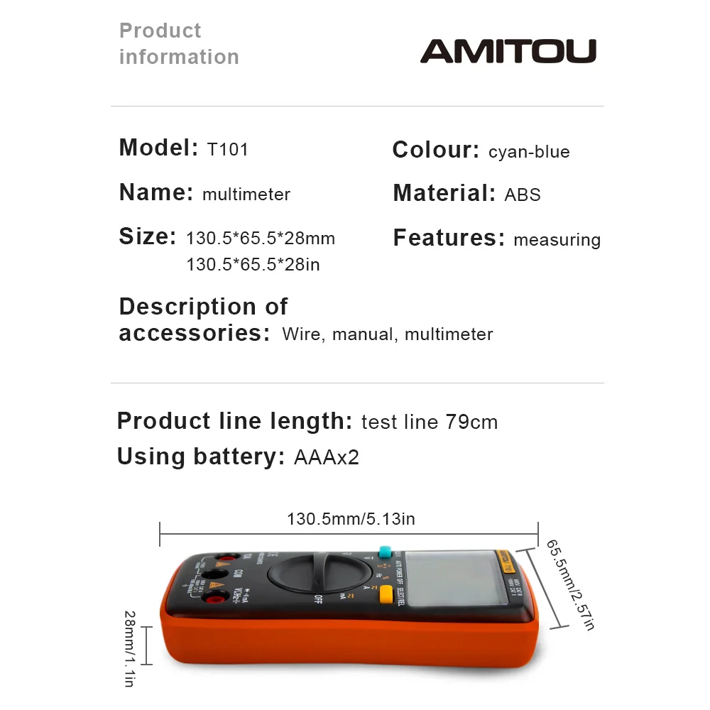 AMITOU T101 ЖК-цифровой мультиметр AC/DC напряжение тока миллиампер сопротивление частоты зуммер преобразования тестер Оранжевый