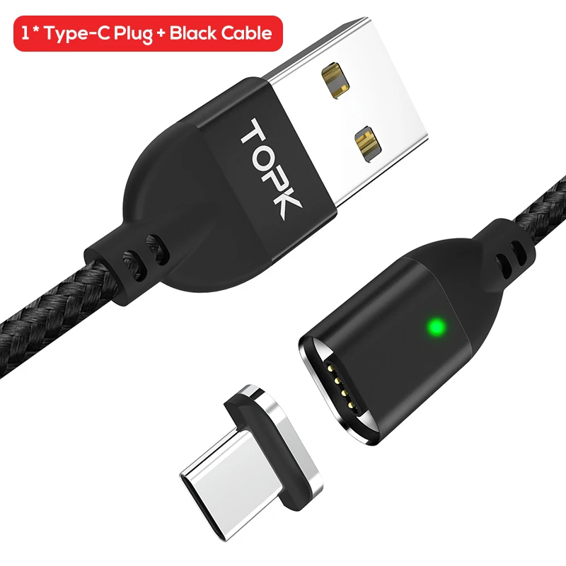 Black Cable Магнитный usb-кабель TOPK 1 м для быстрой зарядки samsung Galaxy S9 Plus S8 3,0 USB type C кабель для быстрой зарядки и передачи данных type-C - Цвет: Black Cable