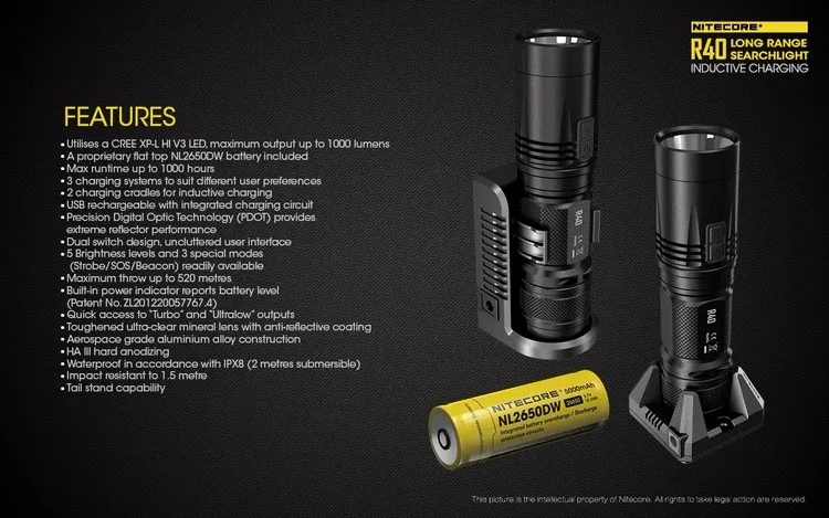 NITECORE R40 флэш-светильник 1000 люмен XP-L HI светодиодный белый светильник с перезаряжаемой батареей наружная поисковая ручная лампа