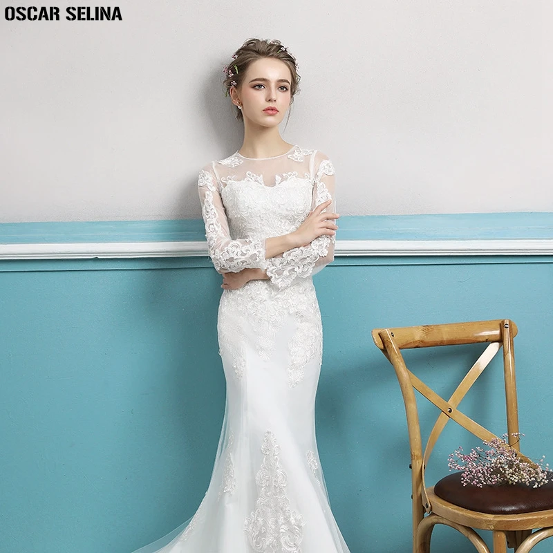 OSCAR SELINA Vestido de noiva2019 новое из кружева с вырезом на шее длинным рукавом сексуальное