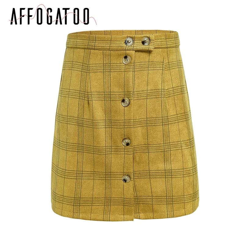 Affogatoo желтая кнопка облегающая юбка-карандаш женские юбки в стиле casual плед мини-юбка трапециевидной формы с высокой талией зимняя короткая нарядная Пышная юбка