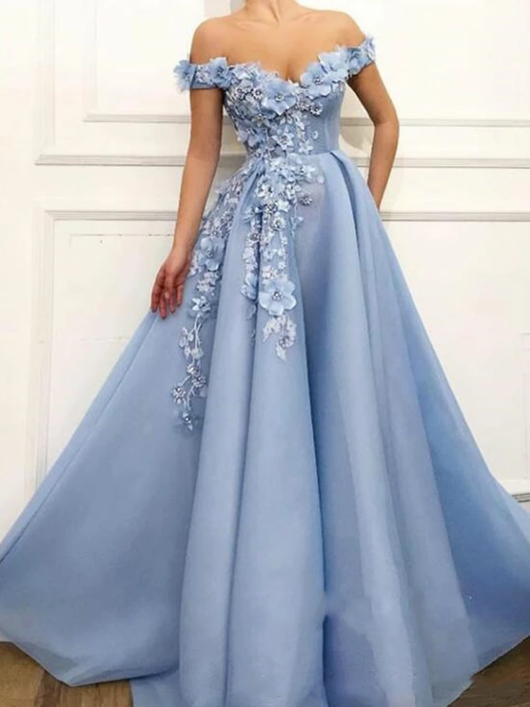 

Light Sky Blue Long Prom Dresses Lace 3D Floral Appliqued Pearls Evening Gowns Off The Shoulder A Line Tulle Summer Party Dress