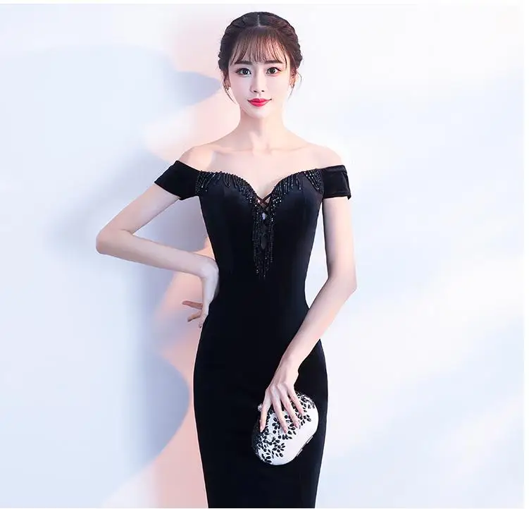 Сексуальное женское платье с открытыми плечами Cheongsam Элегантное Черное узкое вечернее праздничное платье Новинка кисточка Higt платье с разрезом De Festa размер XXL