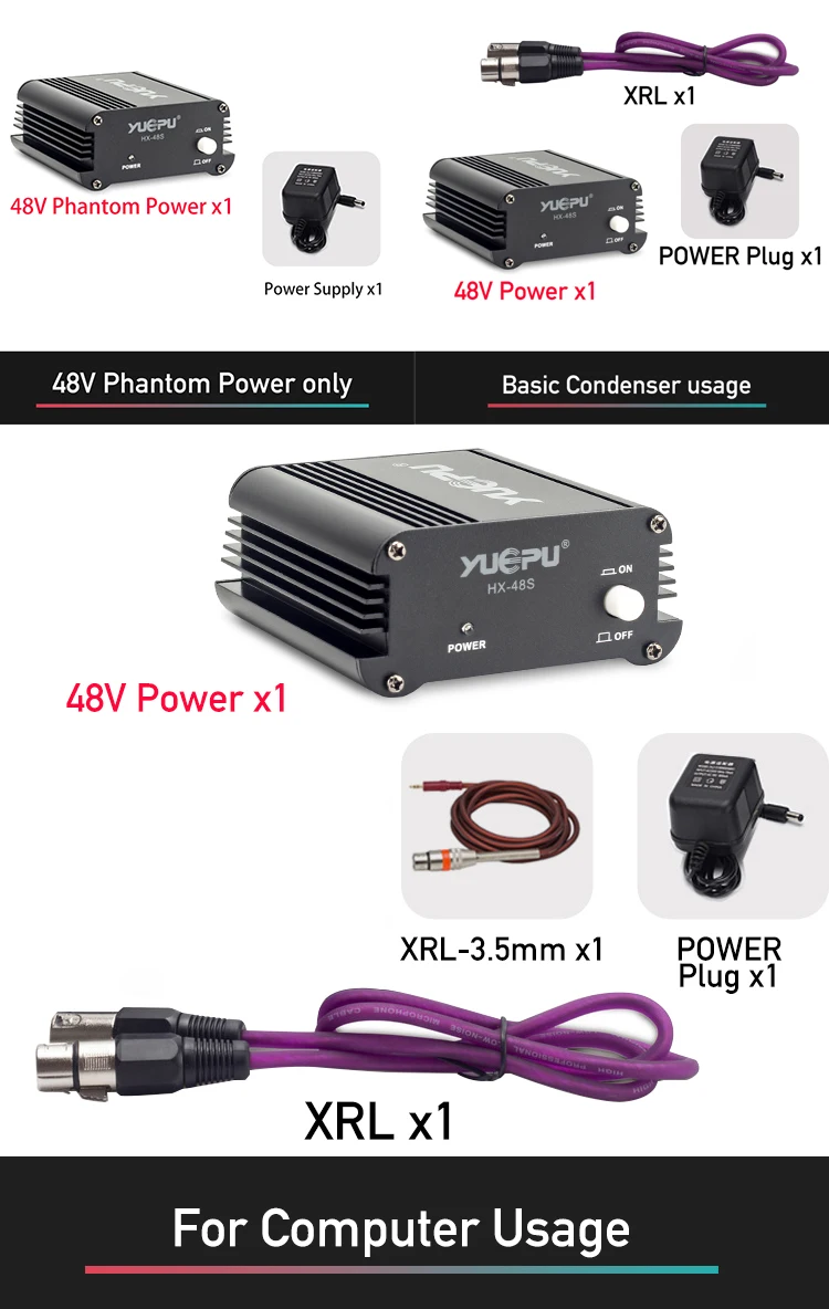 YUEPU HX-48s 48V Phantom источник питания для конденсаторного микрофона XRL разъем компьютера Mic Studio