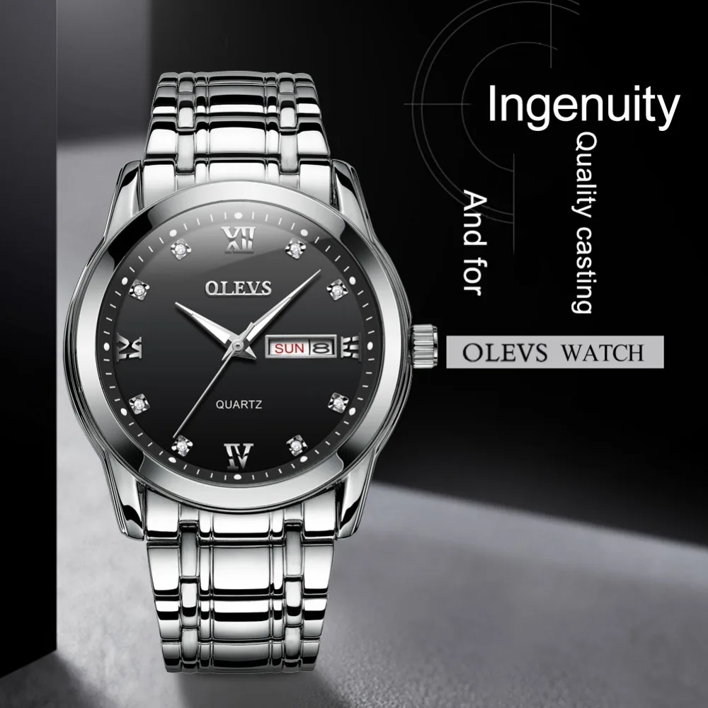 Мужские кварцевые часы OLEVS из нержавеющей стали с подсветкой водонепроницаемые