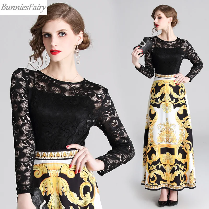 BunniesFairy 2019 весеннее новое женское черное кружевное пэтчворк длинное