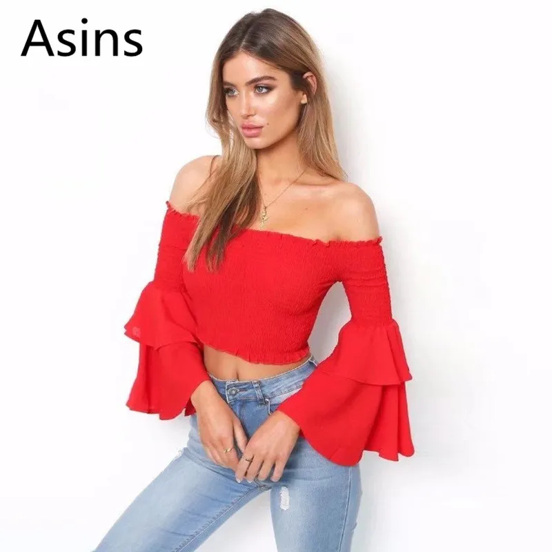 

Asins womens tops and blouses 2019 summer new hot women casual fashion sexy slash neck solid color flare sleeve thin wild shirt