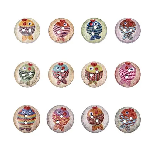 506-Fish 50Pcs 2 Holes Princess Cat Heart Robot Printed Wooden Button Round 15mm Decorative Wood Buttons For Clothing Sewing Decoration - Цвет: 506-Fish