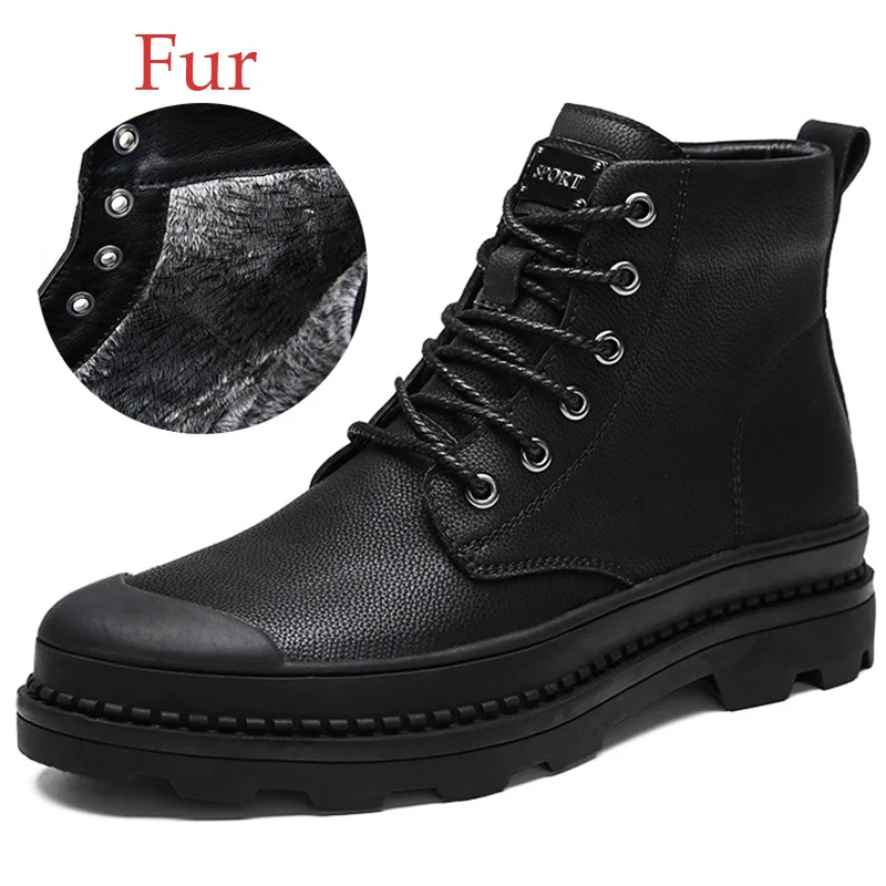 Black With Fur Новинка; стильные мужские ботинки из натуральной кожи; сезон осень-зима; зимние водонепроницаемые ботинки; Рабочая и безопасная обувь; мужские Качественные ботильоны - Цвет: Black With Fur