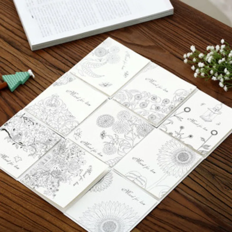 

9sets/lot black and white drawing greeting cards with envelopes set plant and flower design Korea style craft
