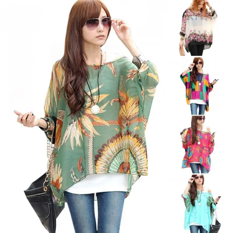 Пикантные женские шифоновые блузки печати на одно плечо перекос шеи свободные