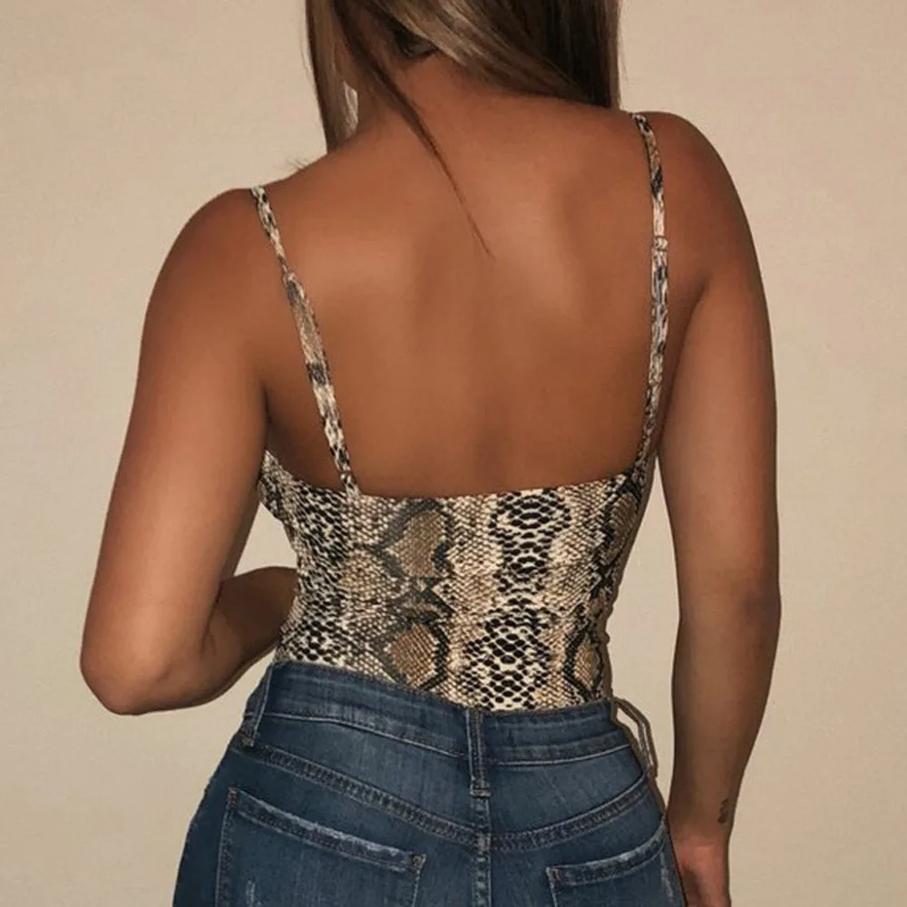 LNCDIS Fashion Women Snake Skin Print Backless Stretch Camis Straps one piece Bodysuit body femme combinaison 2019 | Женская одежда