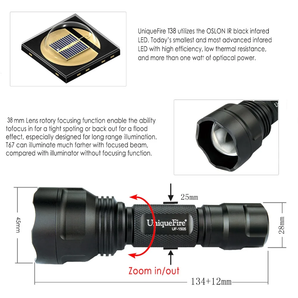 UniqueFire 1505 ИК 940nm мини инфракрасное излучение светодиодный фонарик ночного видения 3 Вт факел использование 1 х 18650 батареи(не включает