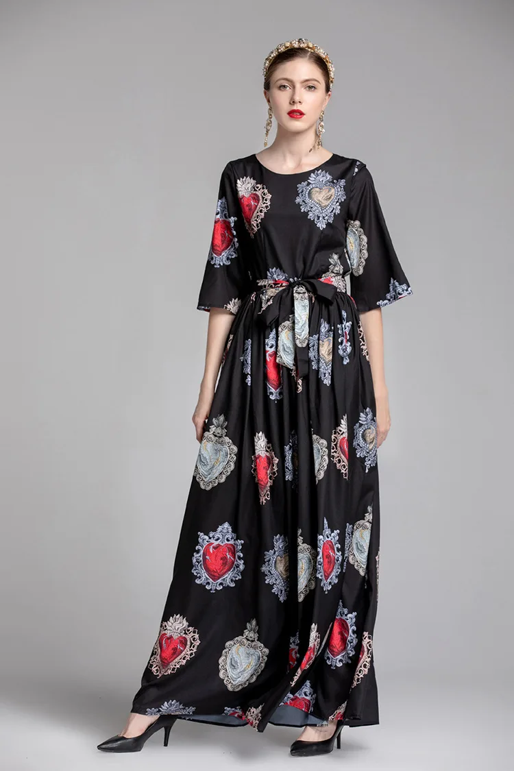 

2019 Summer Black Boho Maxi Dresses For Women Half Sleeve Elegant Runway Dress Quality Fashions Print Flowy Dress Long