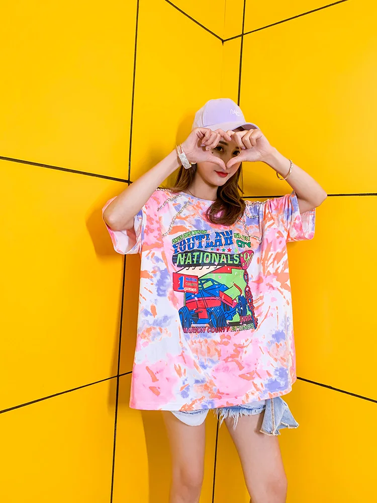 Для женщин Летняя мода яркое круглым вырезом футболки Street Wear Бисер летние шорты