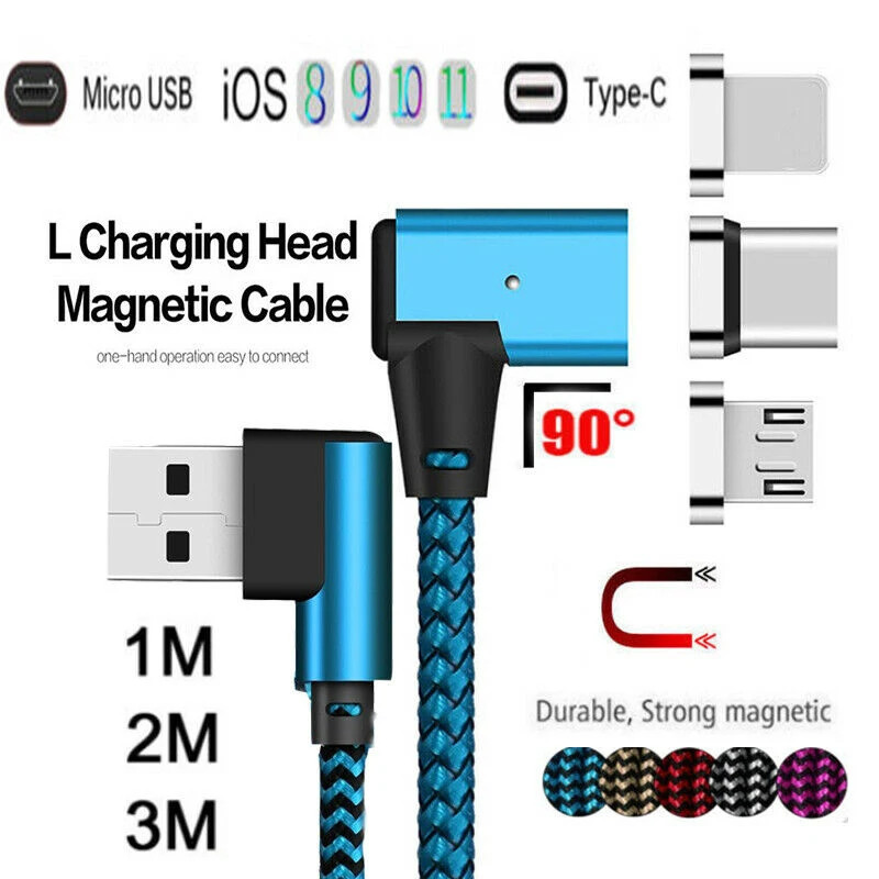 Налокотник Плетеный Магнитный правый угол Micro USB Type C IOS зарядный кабель для