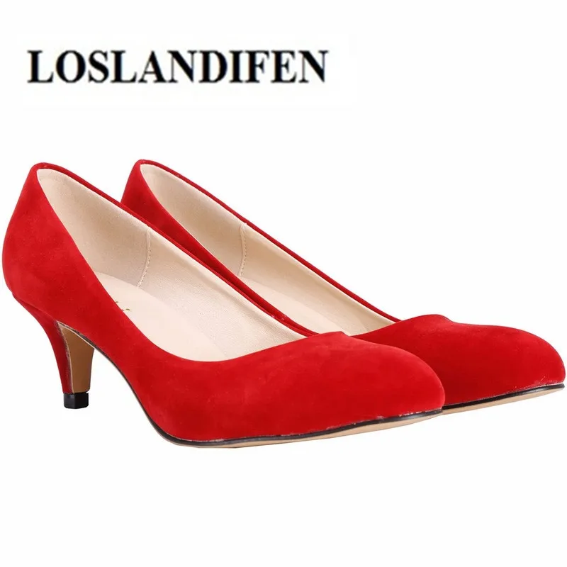 LOSLANDIFEN 6cm Round Toe Women Pumps Sexy High Heels Shoes Flock Red Wedding Pump Woman Casual Slip-on Dress Shoe 35-42 | Обувь