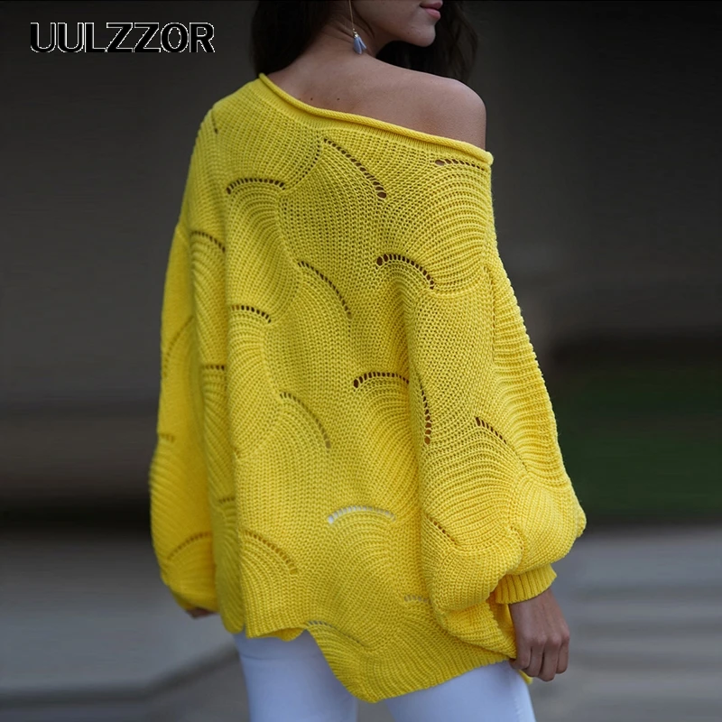 UULZZOR Loose Solid Hollow Out Women sweater Spring Autumn Sweaters Fashion Pullover Long Sleeve Knitted Female | Женская одежда