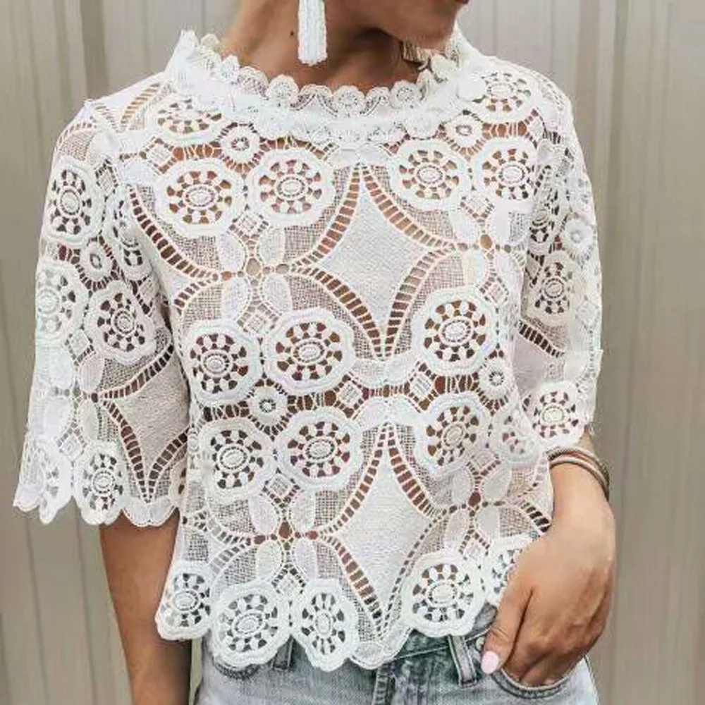 

Summer Fashion Lace Hollow Out Blouse Sexy Crop Tops Ladies Tee Tops Female Women's Half Sleeve Shirt Blusas Femininas Pullover
