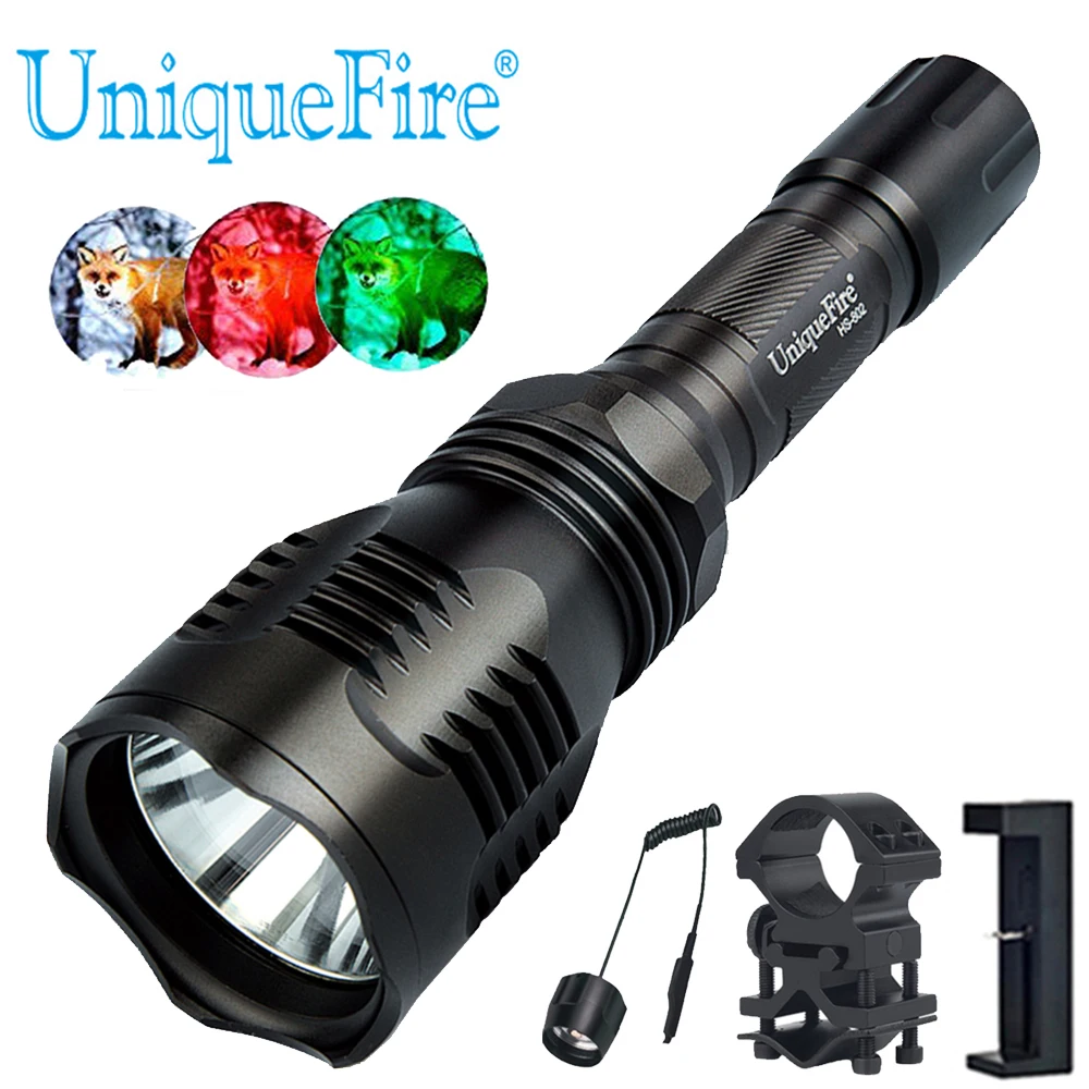 

UniqueFire HS-802 XRE Green / Red /Green Light Hunting 1 mode Flashlight Kit Tactical Torch +Charger+Remote Switch+Scope Mount
