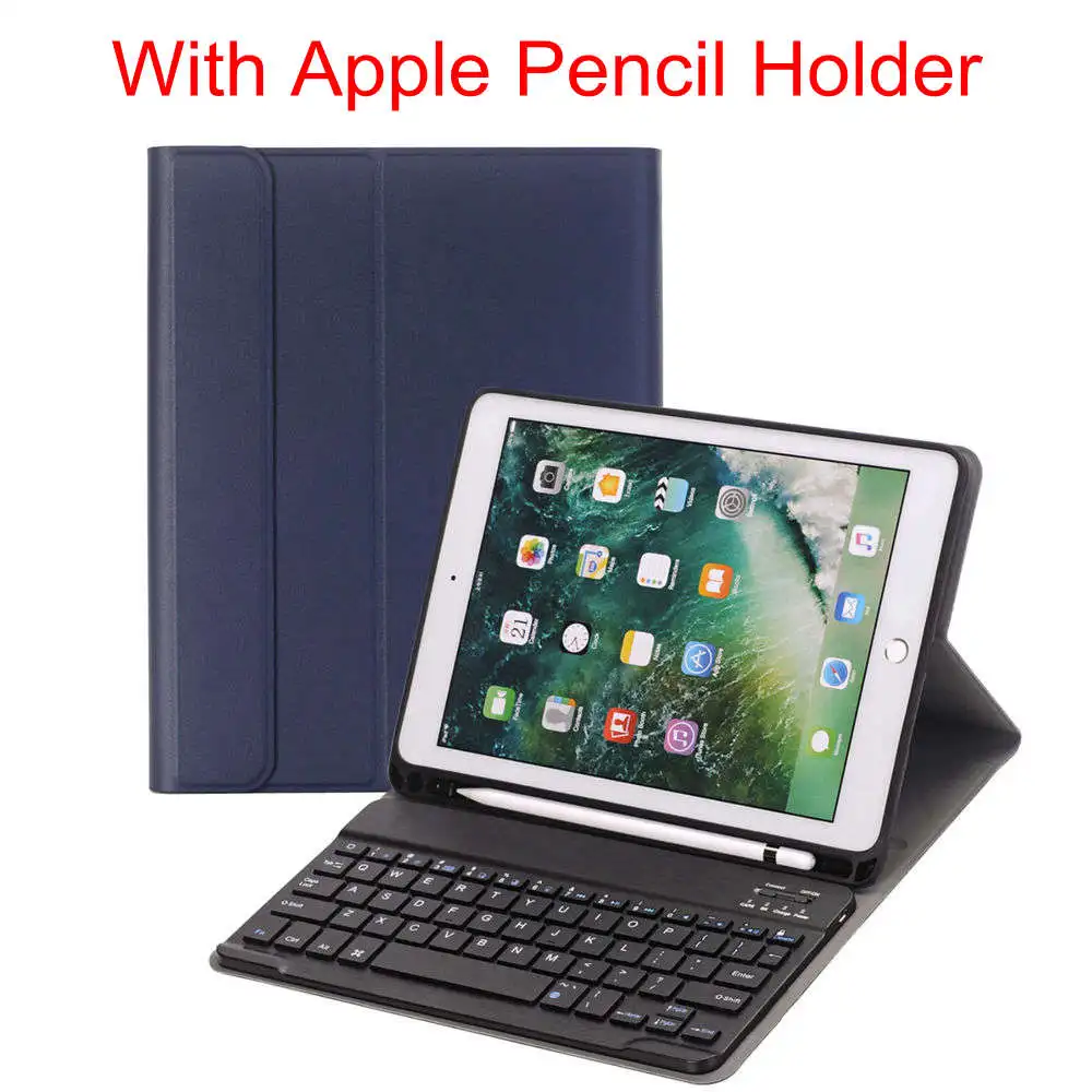 DeepBlue With Holder Для iPad 9,7 /Pro 9,7/iPad Air 1 и 2 ультра тонкий из искусственной кожи чехол+ Съемный Bluetooth русский/Иврит/Испанский клавиатура - Цвет: DeepBlue With Holder