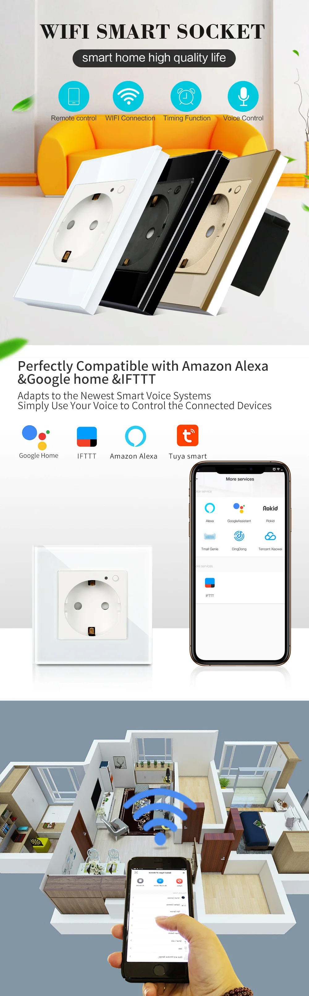 Стандарт ЕС умная розетка Wifi настенная розетка Tuya Smart Life control, Alexa, Google home, Google Nest, IFTTT и Apple Siri Голосовое управление
