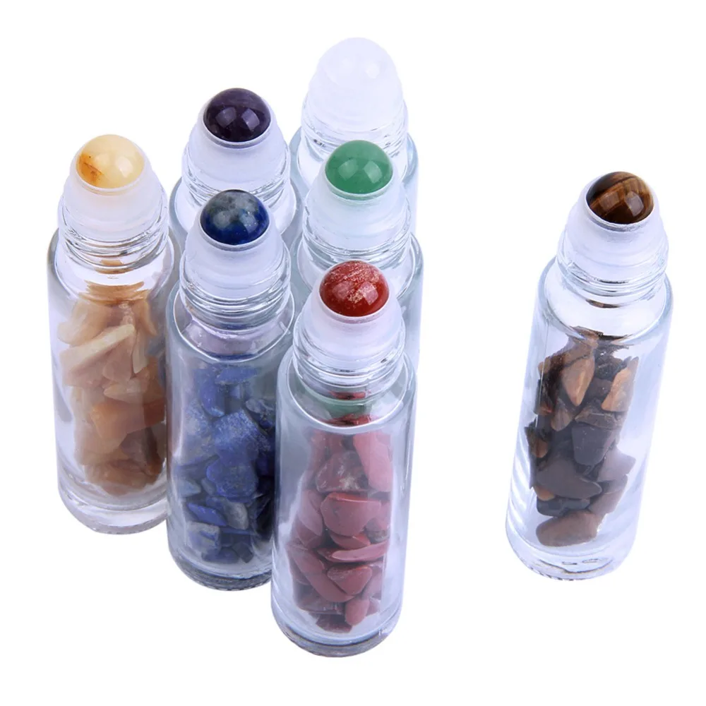 

Natural 7 Chakra Gemstone Roller Balls Glass Roller Bottles Empty 10ml Transparent Essential Oil Bottles Crystal Chips Inside