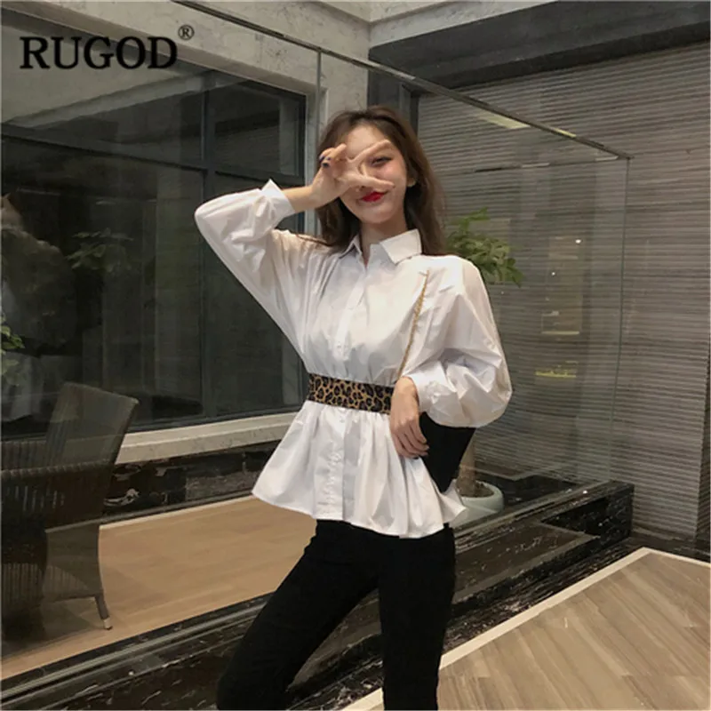 Женская офисная блузка RUGOD белая однотонная с рукавами-фонариками и леопардовым