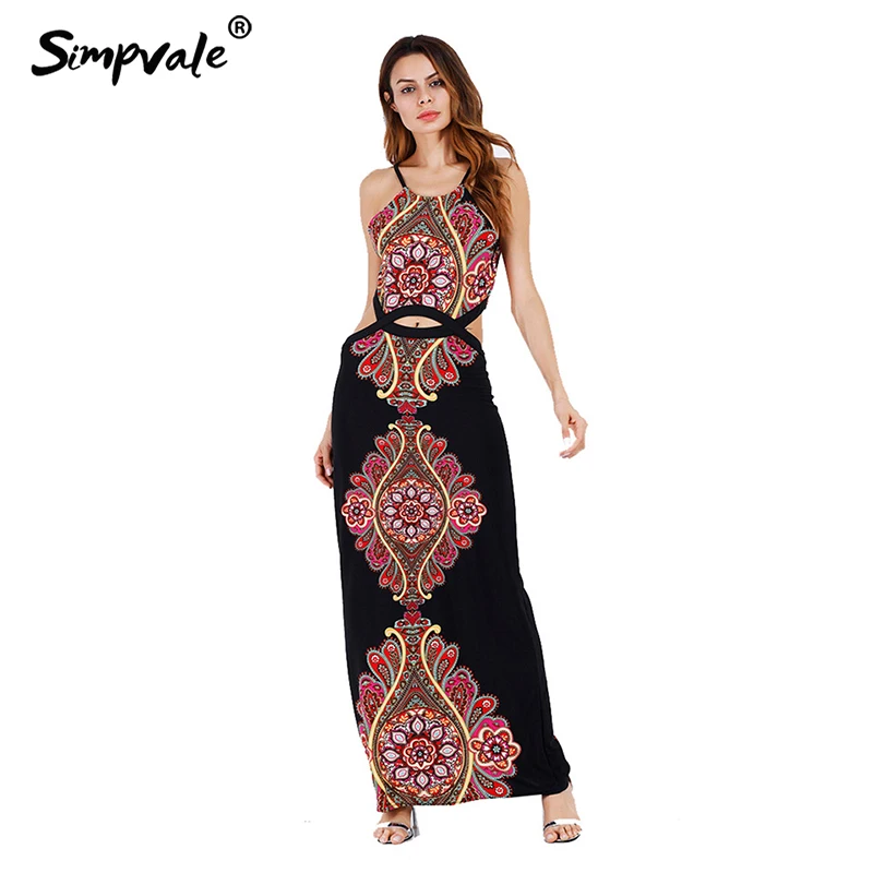 SIMPVALE Boho Стиль принт пупка платье Женский вырезать рукавов ремни Макси платья