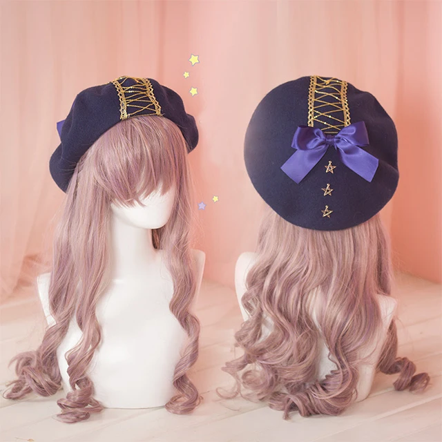 

Navy Lolita Berets Wool Blend Hat Sweet Women Girls Bow Stars Sailor Style Preppy Chic College Cap
