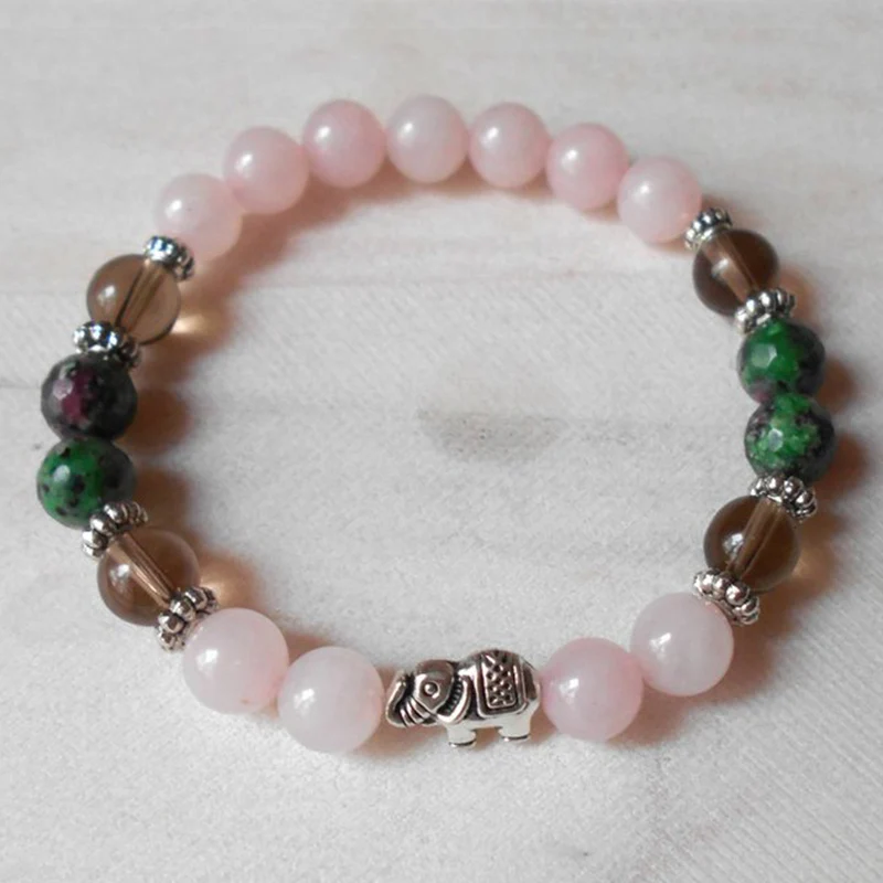 

Elephant Charm mala Bracelet Women Rose Quartzs Handmade Beaded Healing Stone Jewelry Smoky Quartzs Energy Bracelet
