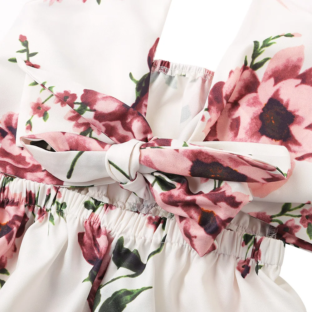 Комбинезон Лето 2018 с цветочным принтом на тонких бретелях, с вырезами, бантом и рюшами для женщин, ромпер, бохо-пляжный комбинезон, повседневные джинсы для девушек.