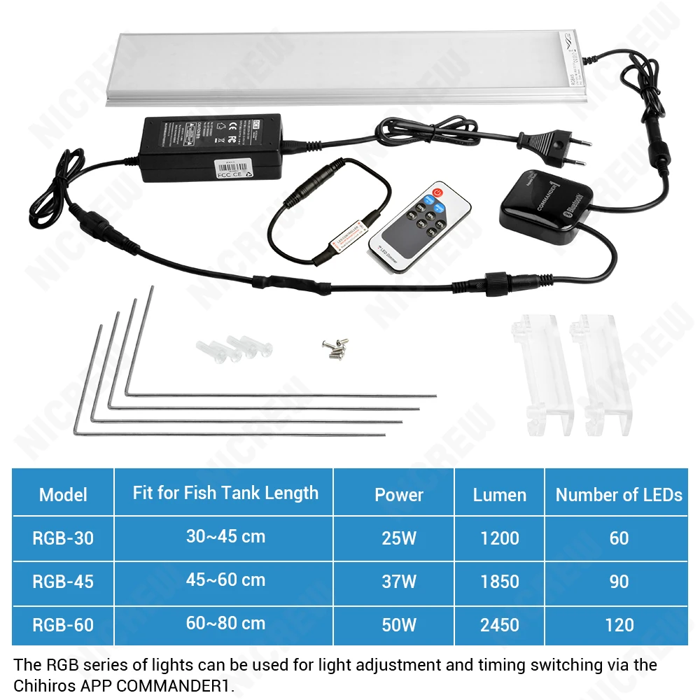 Nicrew Chihiros RGB аквариумная светодиодная лампа полного спектра освещения для акватических растений, регулируемая яркость, подходит для аквариума от 30 см до 80 см.