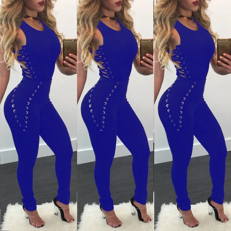 Женский комбинезон на шнурках клубный облегающий однотонный с треугольным