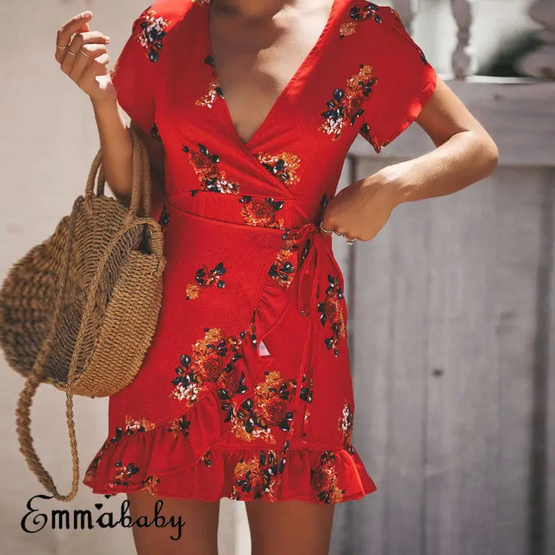 

Women Summer Boho Short Sleeve Floral Dress Ladies Deep V-neck Ruffles Mini Dress Evening Party Beach Dresses Vestidos de fiesta
