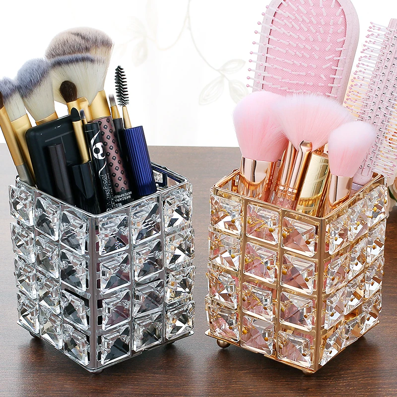 

Metal Crystal Square Makeup Organizer Box Brush Sorting Storage Tube Sorting Jewelry Desktop Decorative Ornaments