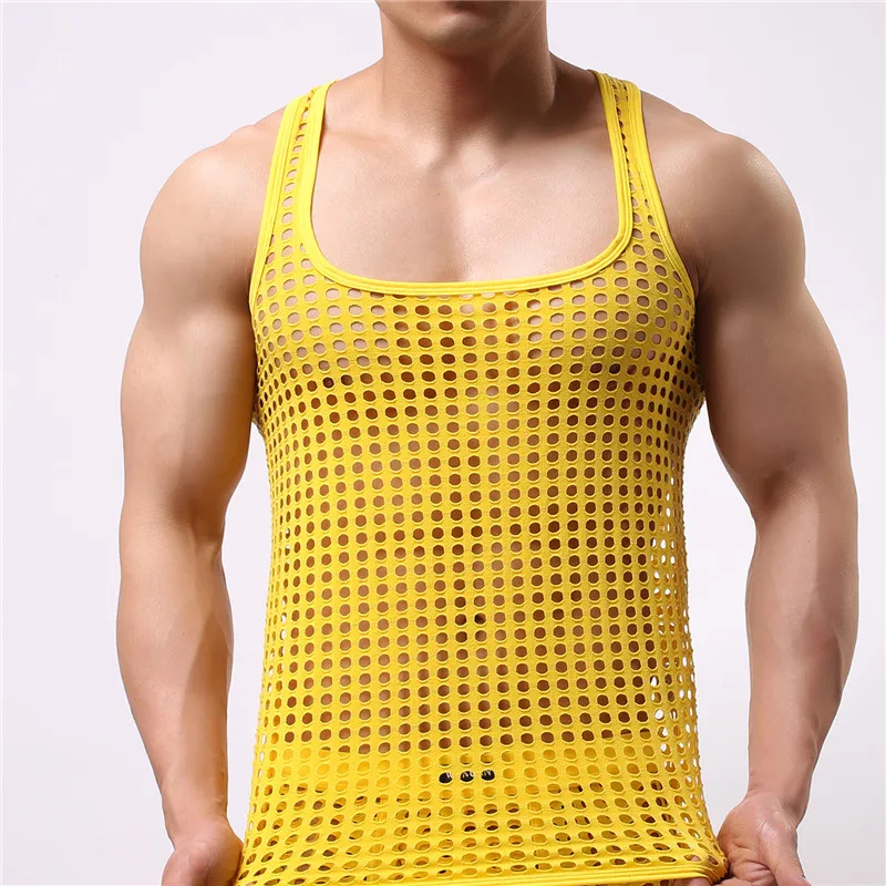 Men's Underwear Tight Vest Undershirt Sleeveless Hollow Out Breathable See Through Shirt Elastic Muscle T-shirt Undershirts