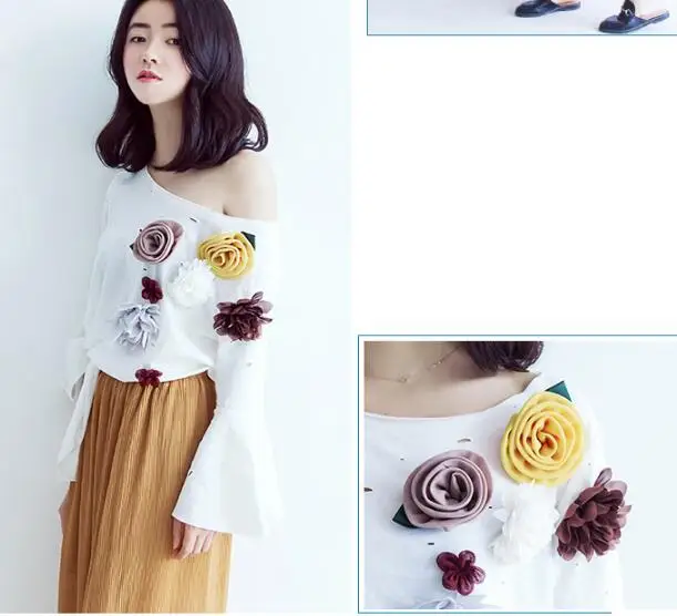 Футболка женская с объемными цветами косой воротник|tee top|top womenmori girl tops |